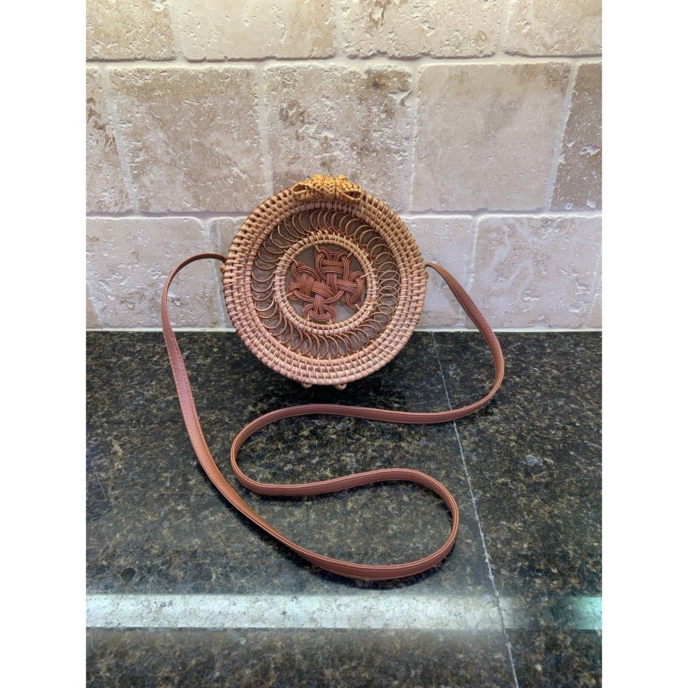Handmade Rattan Woven Straw Bali Round Crossbody Bag - EUC